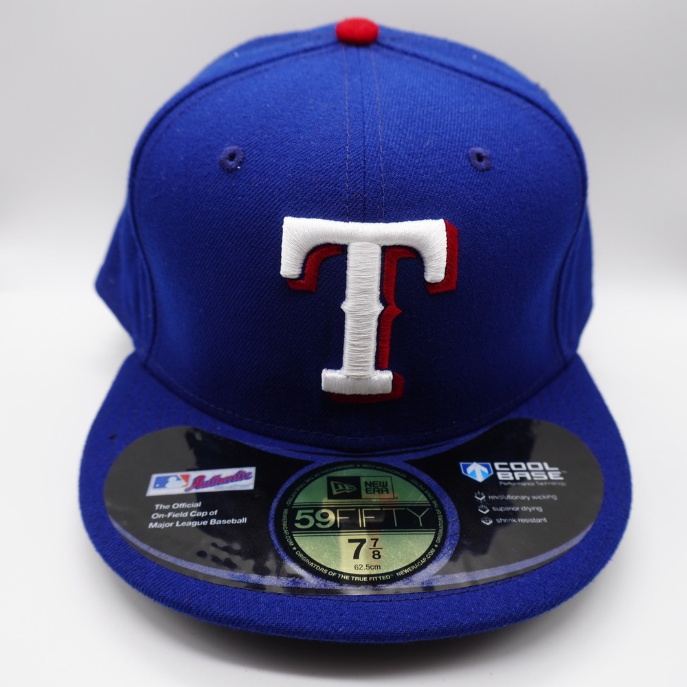 New Era 59FIFTY Texas Rangers Hat Mens 7 7/8 Blue MLB On-Field Fitted Cap